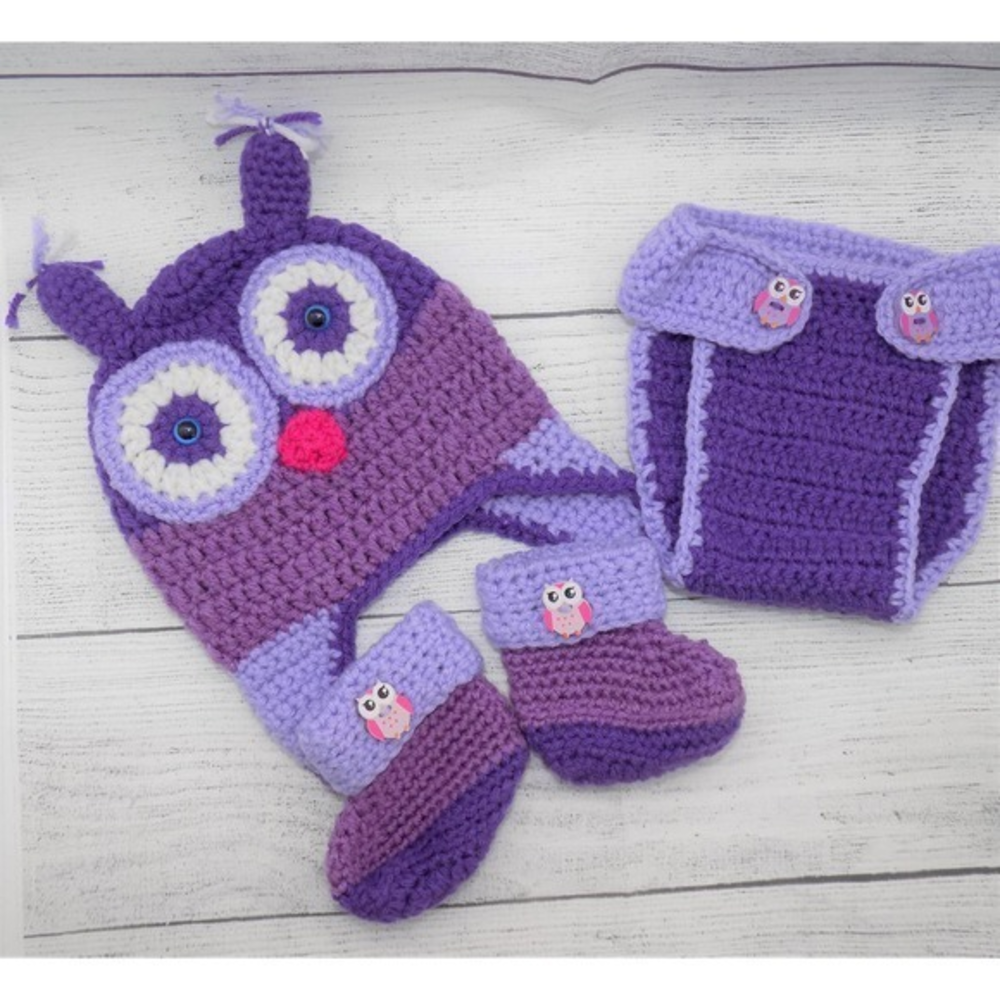 Baby Owl Hat Diaper Cover and Booties‎ Set